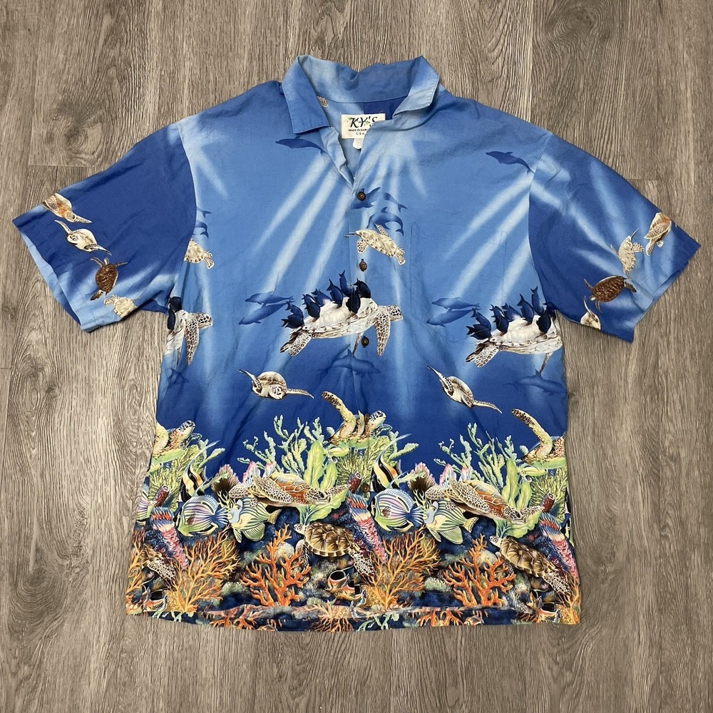 VTG KY's Shirt Men's X-Large Blue Hawaiian Coral Reef Turtle Fish Hawaii USA